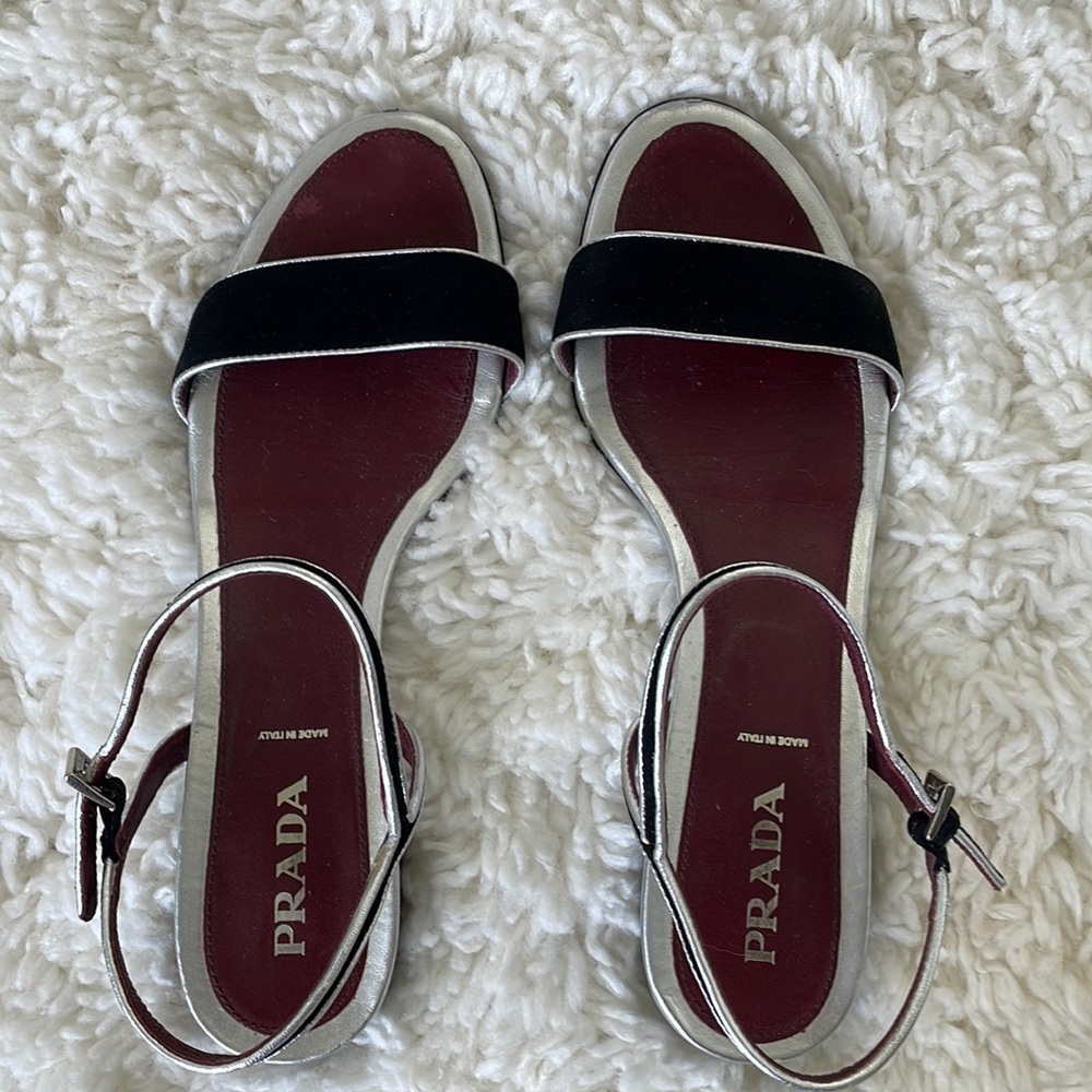 Prada Black Velvet and Silver Leather Sandals Sz 39.5/US 9.5
